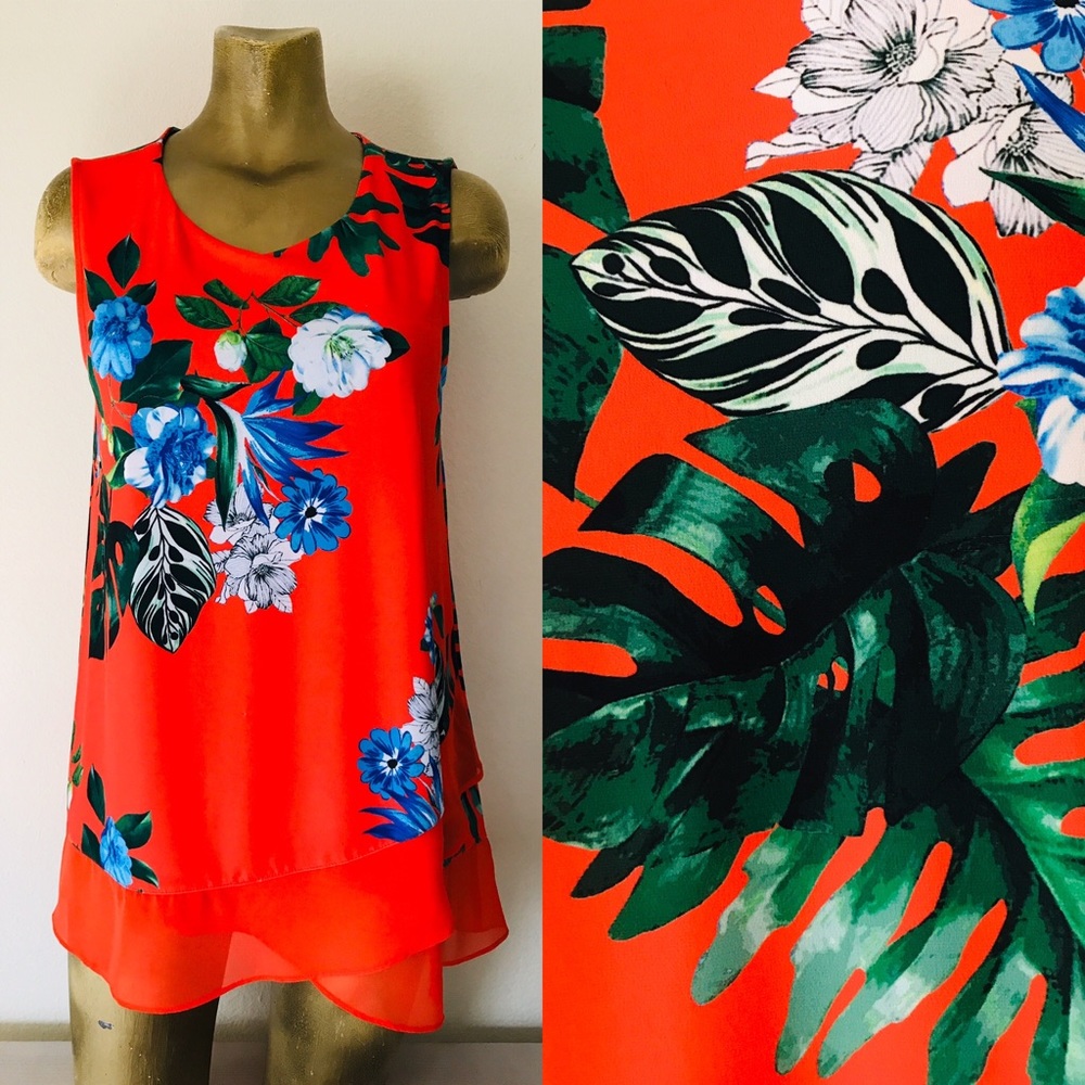 Sleeveless Floral Tank Top - Red with Blue Floral Print